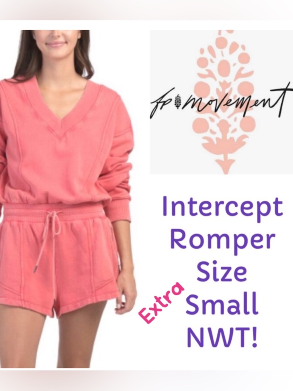 Free People, XS, Intercept Romper, Cute & Comfy, LS V-neck & Shorts, Pink, NWT!